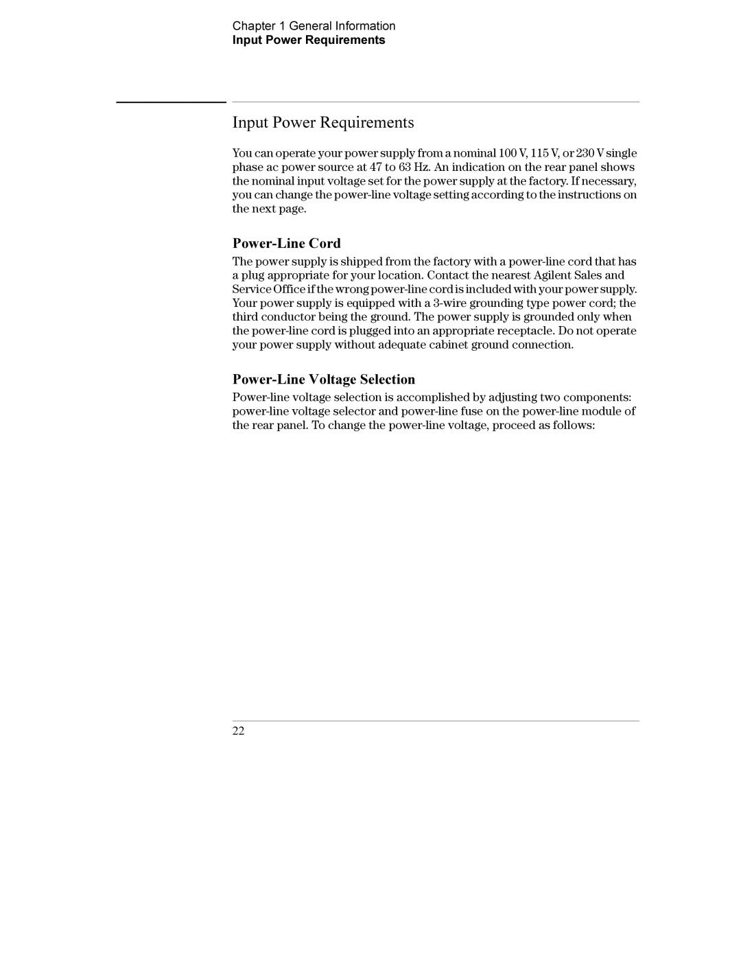 Agilent Technologies E3634A, E3633A manual Input Power Requirements, Power-Line Cord, Power-Line Voltage Selection 