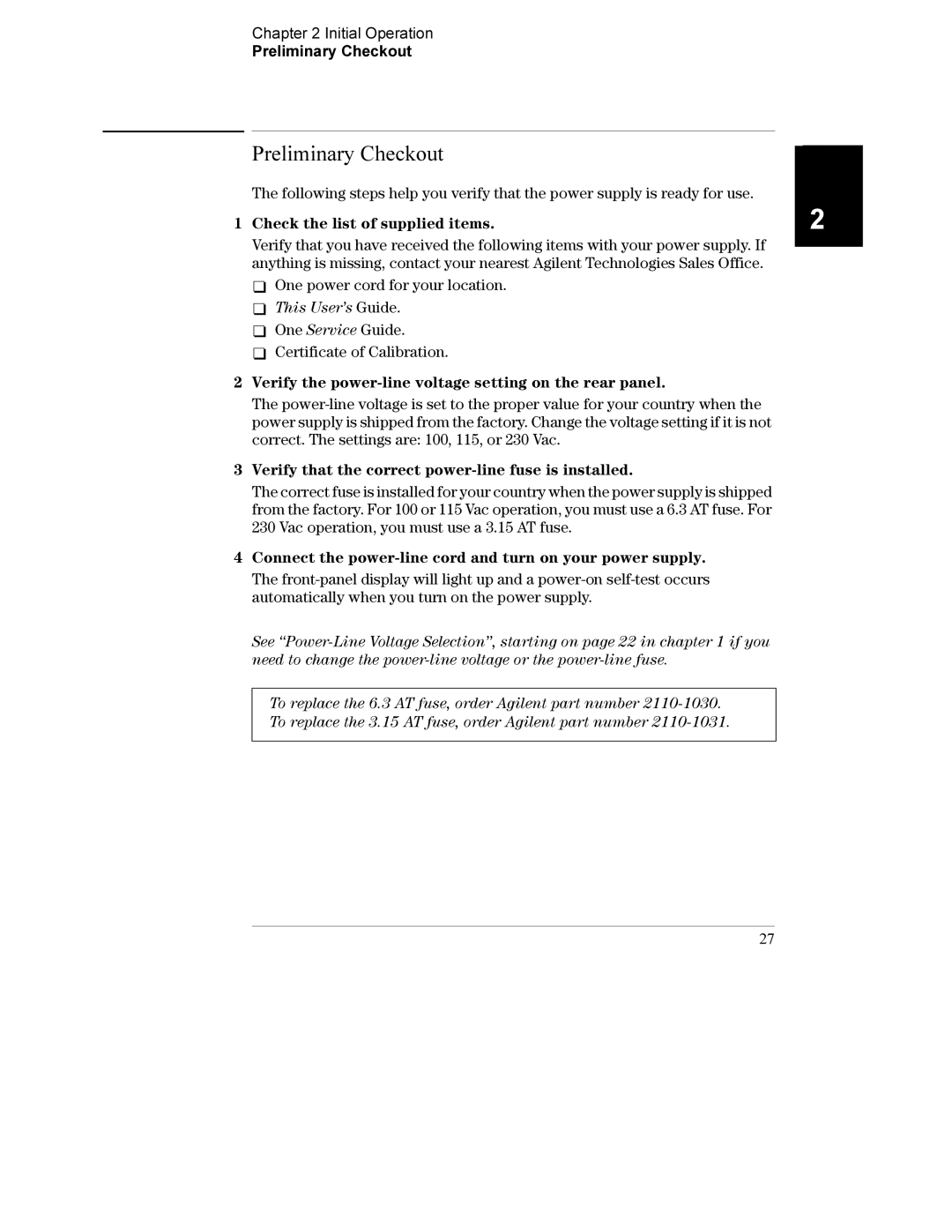 Agilent Technologies E3633A, E3634A manual Preliminary Checkout 