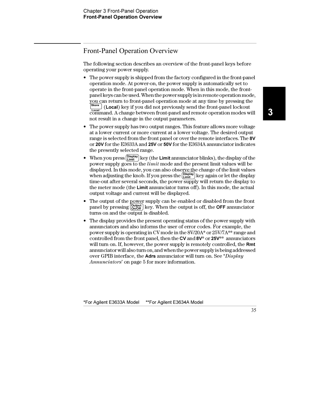 Agilent Technologies E3633A, E3634A manual Front-Panel Operation Front-Panel Operation Overview 