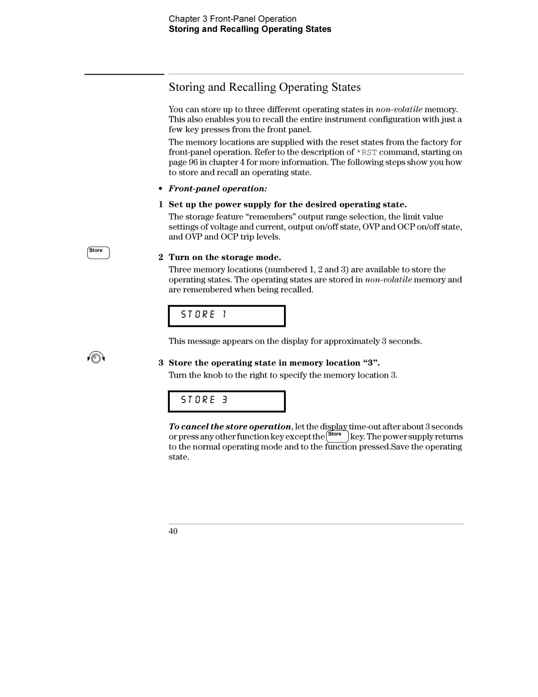 Agilent Technologies E3634A, E3633A manual Storing and Recalling Operating States, Turn on the storage mode 