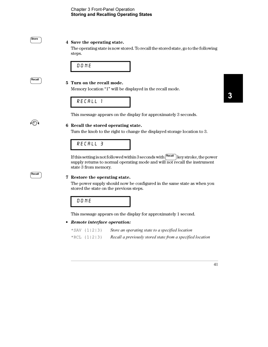 Agilent Technologies E3633A, E3634A Save the operating state, Turn on the recall mode, Recall the stored operating state 