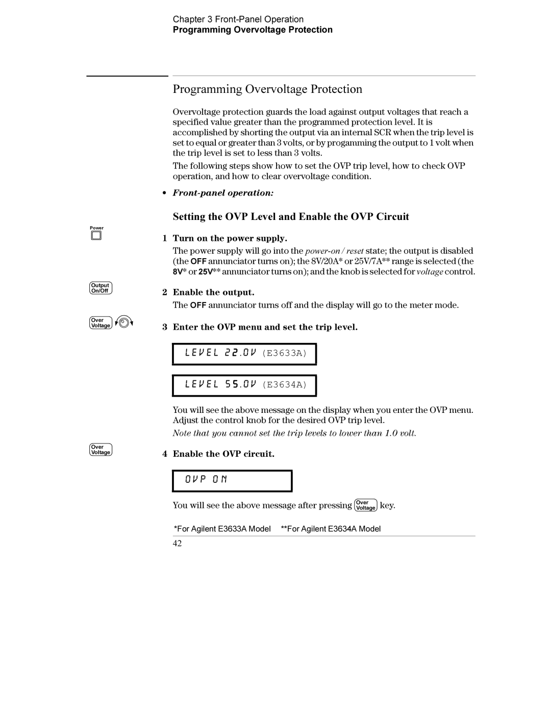 Agilent Technologies E3634A, E3633A Programming Overvoltage Protection, Setting the OVP Level and Enable the OVP Circuit 