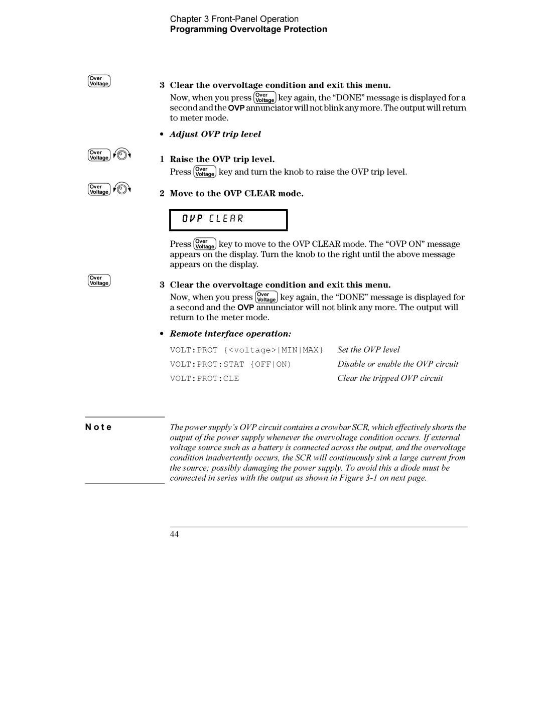 Agilent Technologies E3634A Raise the OVP trip level, Move to the OVP Clear mode, Voltprot voltageMINMAX, Voltprotcle 