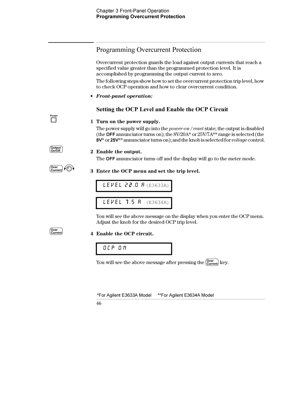 Agilent Technologies E3634A, E3633A Programming Overcurrent Protection, Setting the OCP Level and Enable the OCP Circuit 