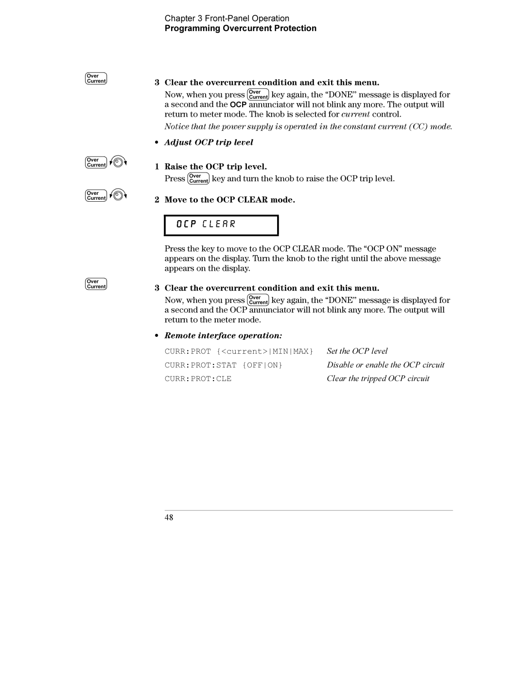 Agilent Technologies E3634A Raise the OCP trip level, Move to the OCP Clear mode, Currprot currentMINMAX, Currprotcle 