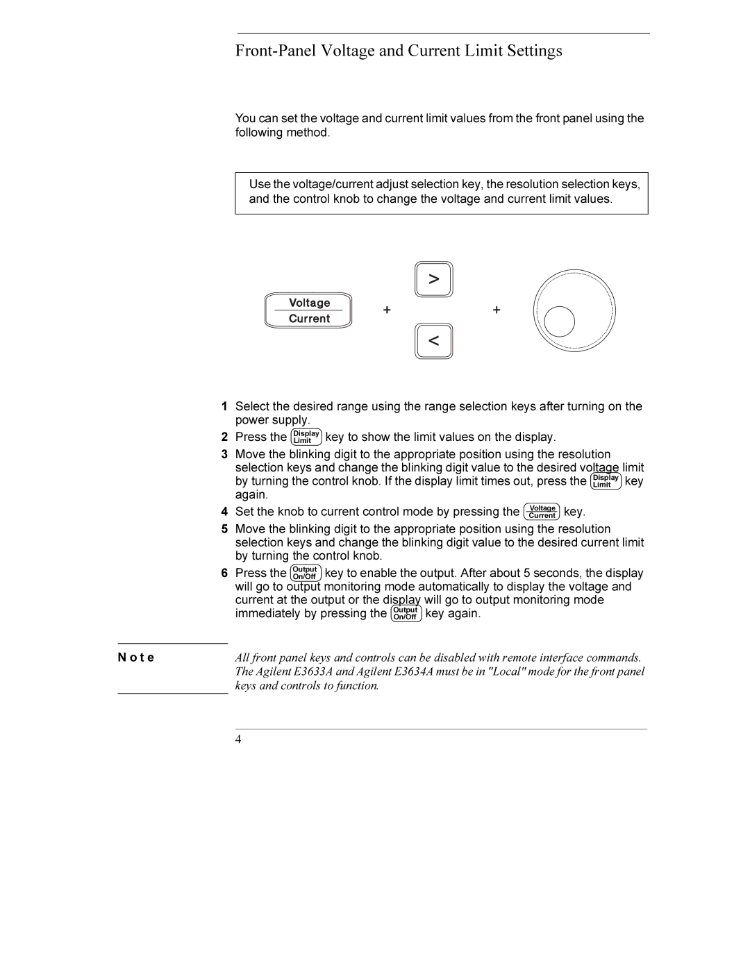 Agilent Technologies E3634A, E3633A manual Front-Panel Voltage and Current Limit Settings 