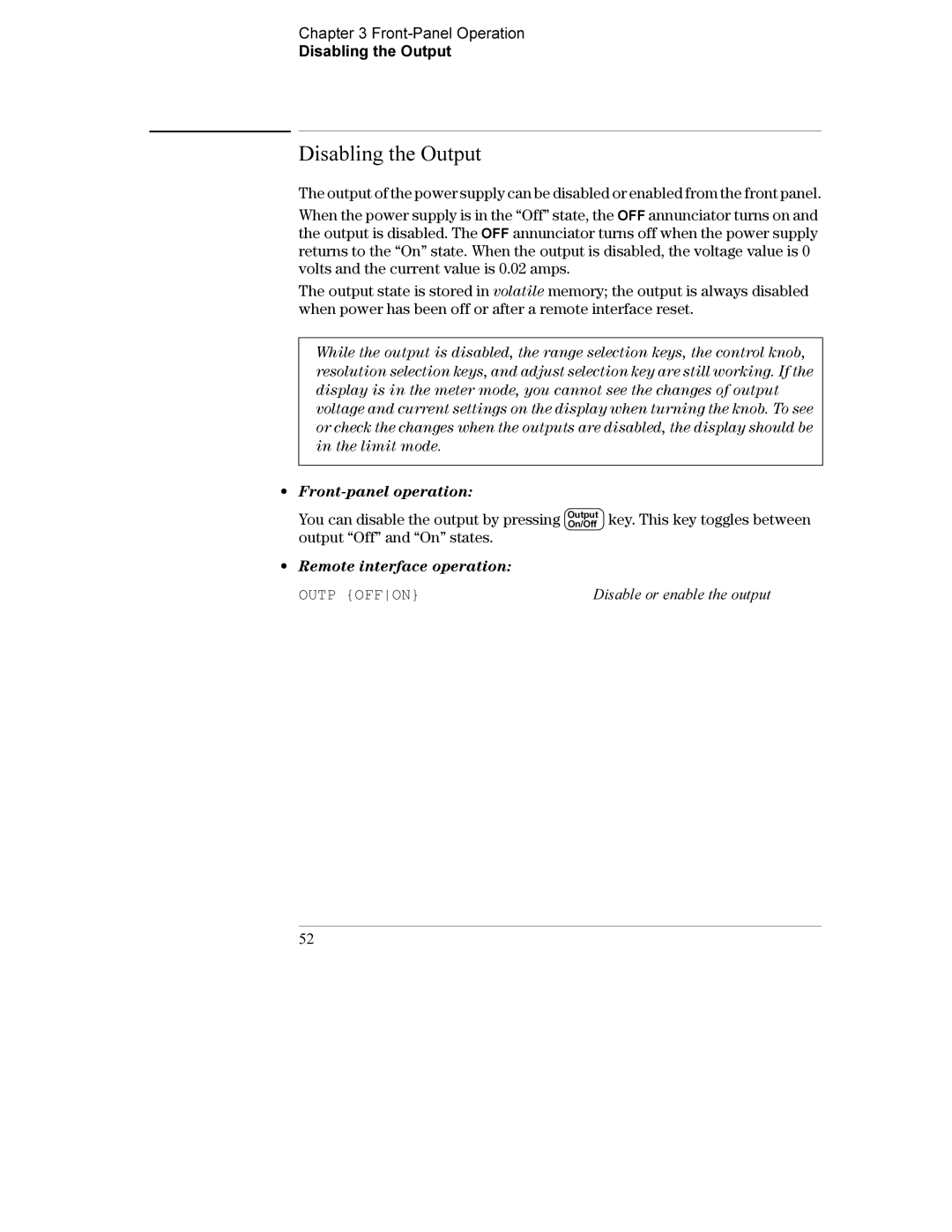 Agilent Technologies E3634A, E3633A manual Front-Panel Operation Disabling the Output, Outp Offon 