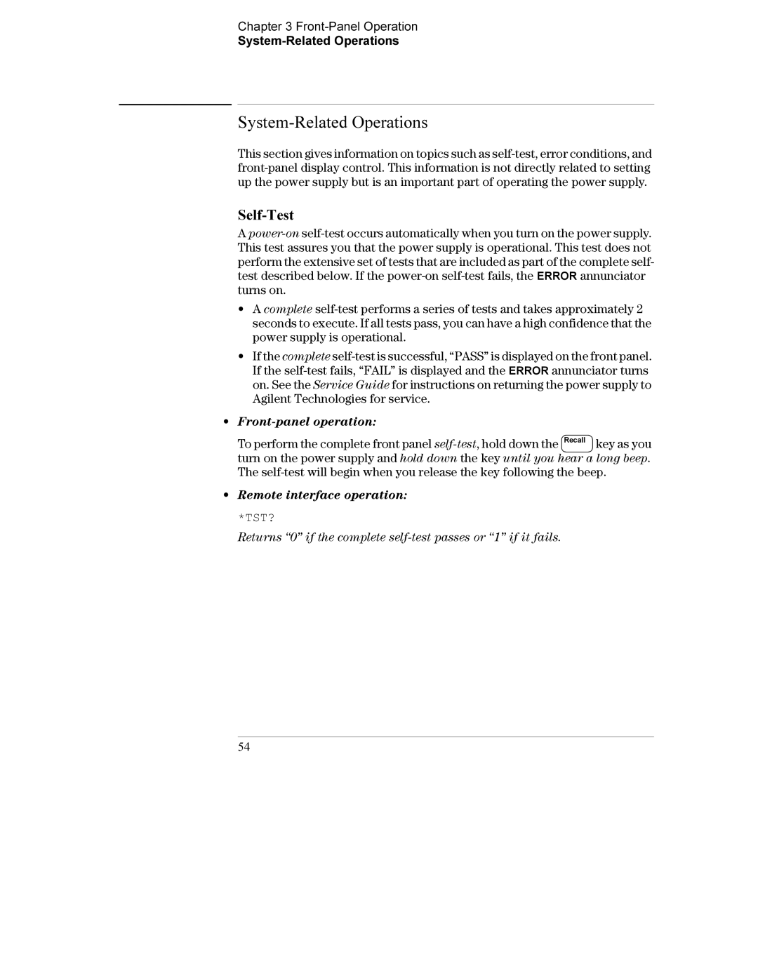 Agilent Technologies E3634A, E3633A manual Self-Test, Front-Panel Operation System-Related Operations, Tst? 