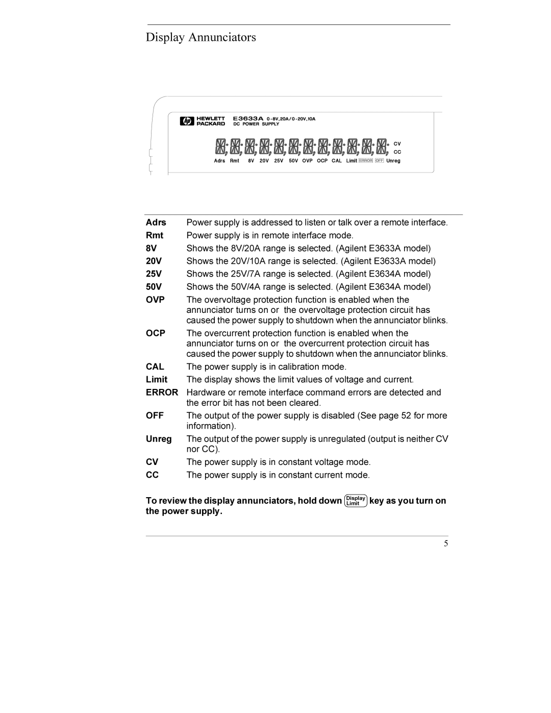 Agilent Technologies E3633A, E3634A manual Display Annunciators 