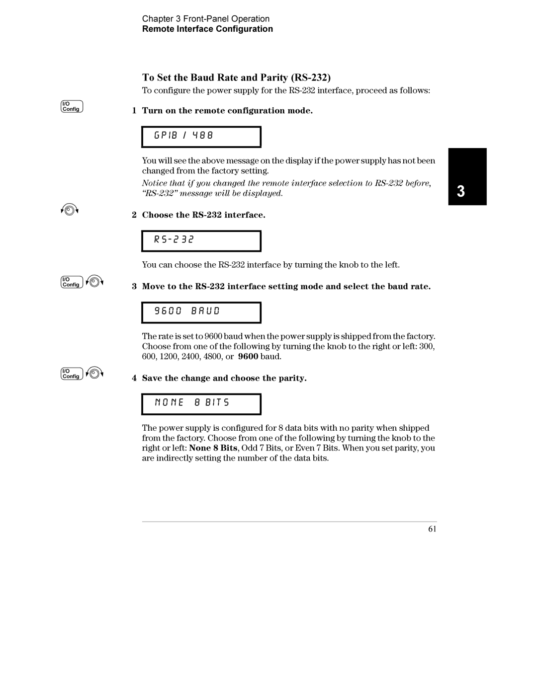 Agilent Technologies E3633A, E3634A manual To Set the Baud Rate and Parity RS-232, RS-232 message will be displayed 