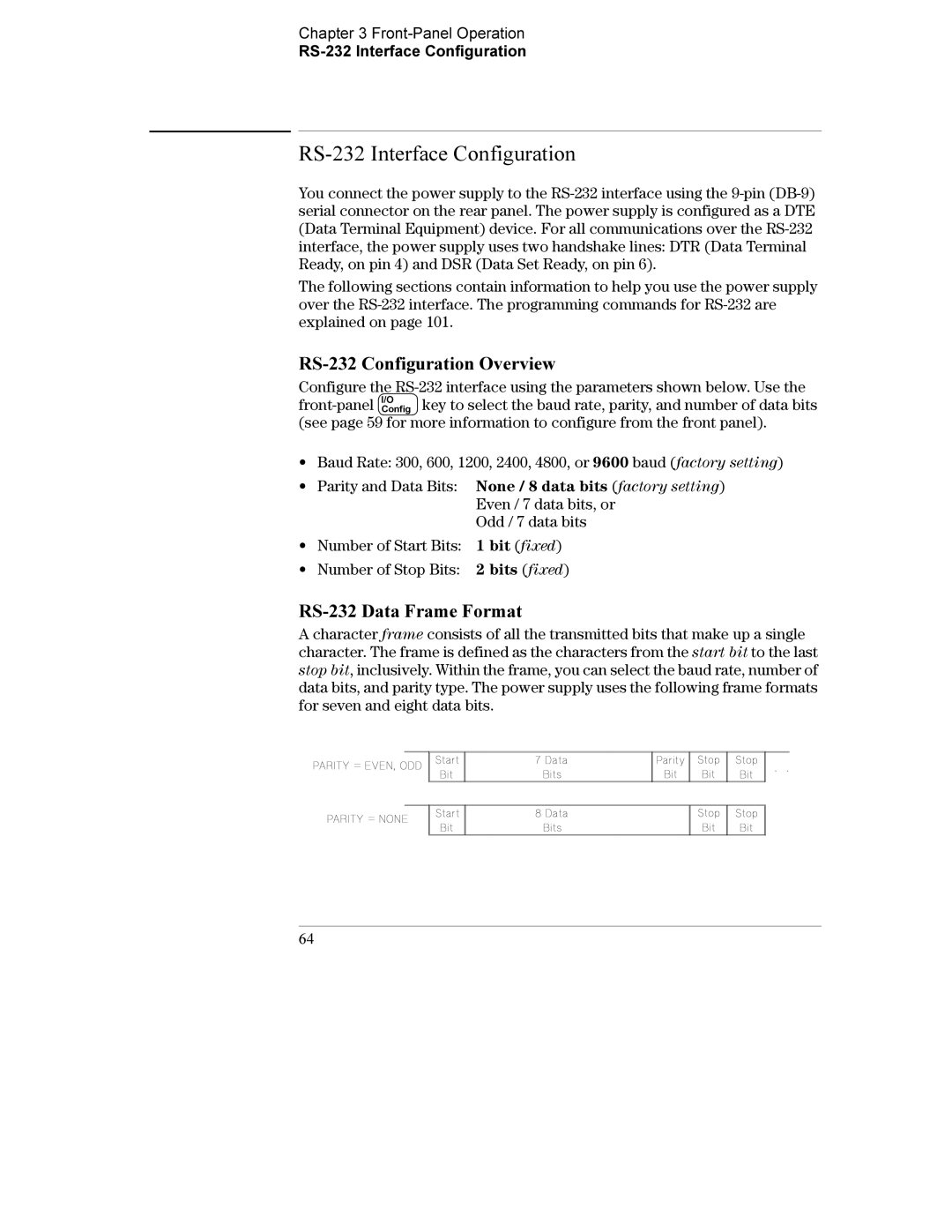 Agilent Technologies E3634A manual RS-232 Interface Configuration, RS-232 Configuration Overview, RS-232 Data Frame Format 