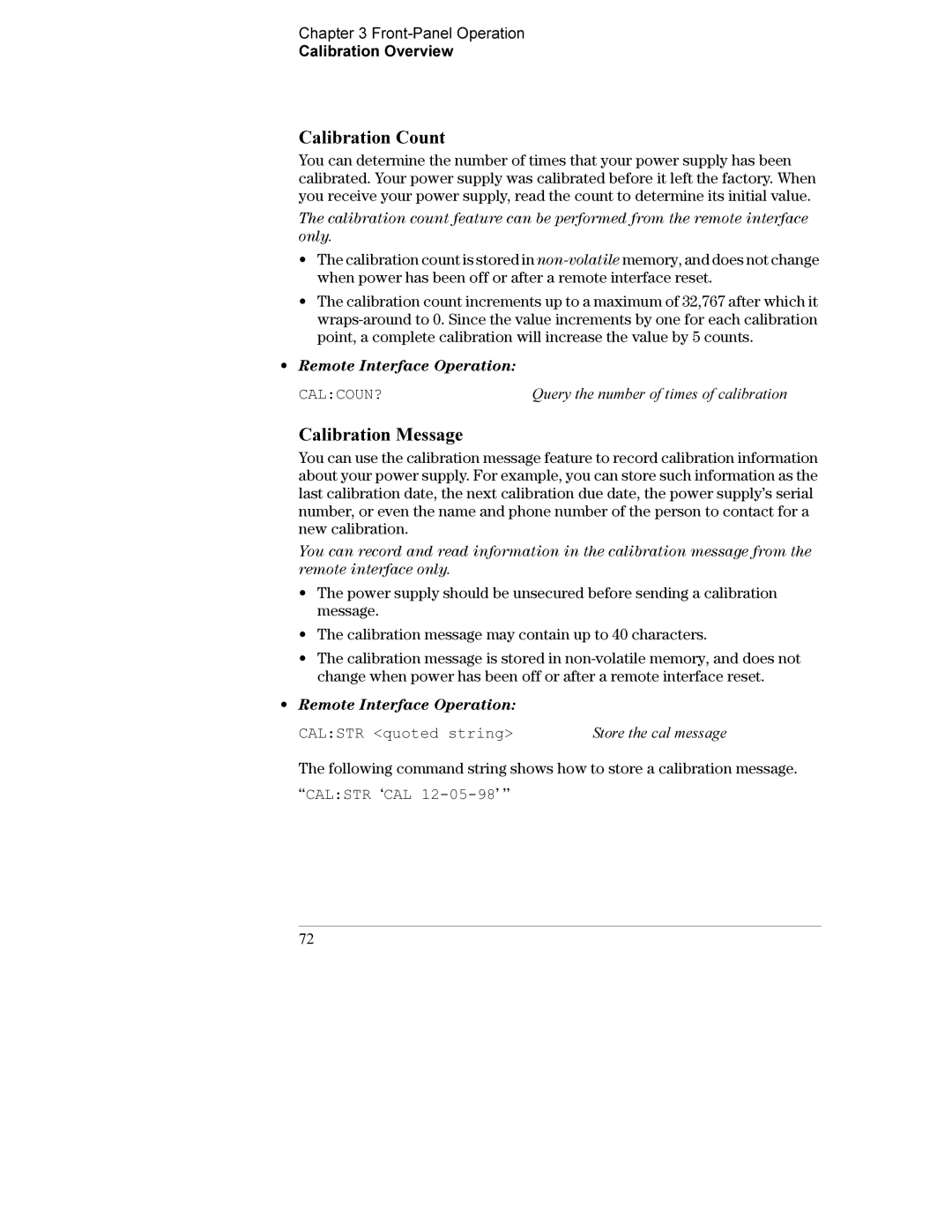 Agilent Technologies E3634A, E3633A manual Calibration Count, Calibration Message, Calcoun?, Calstr quoted string 