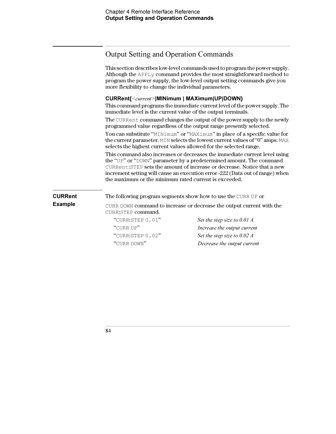 Agilent Technologies E3634A, E3633A manual Output Setting and Operation Commands, ‘‘Curr Up’’, ‘‘Curr Down’’ 