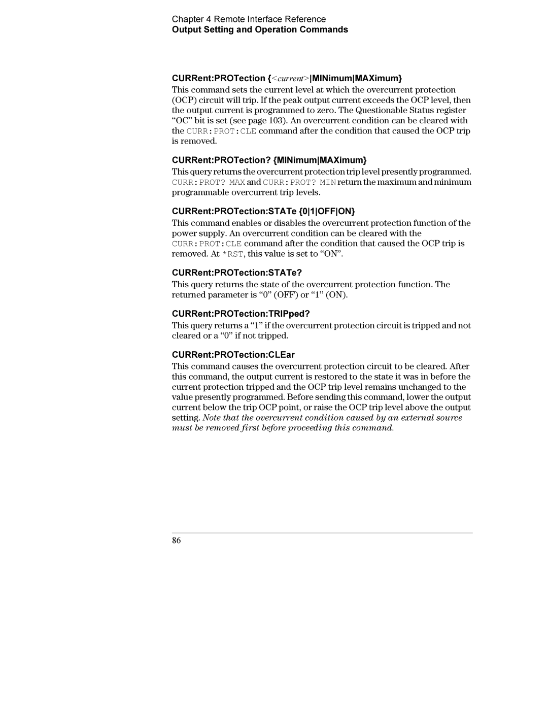 Agilent Technologies E3634A CURRentPROTection? MINimumMAXimum, CURRentPROTectionSTATe 01OFFON, CURRentPROTectionSTATe? 