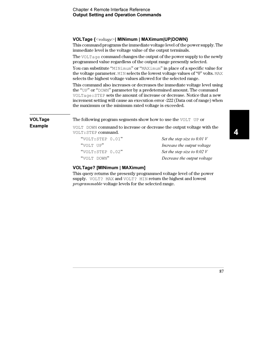 Agilent Technologies E3633A ‘‘VOLTSTEP 0.01 ’’, ‘‘Volt Up ’’, ‘‘VOLTSTEP 0.02 ’’, ‘‘VOLT Down ’’, VOLTage? MINimum MAXimum 