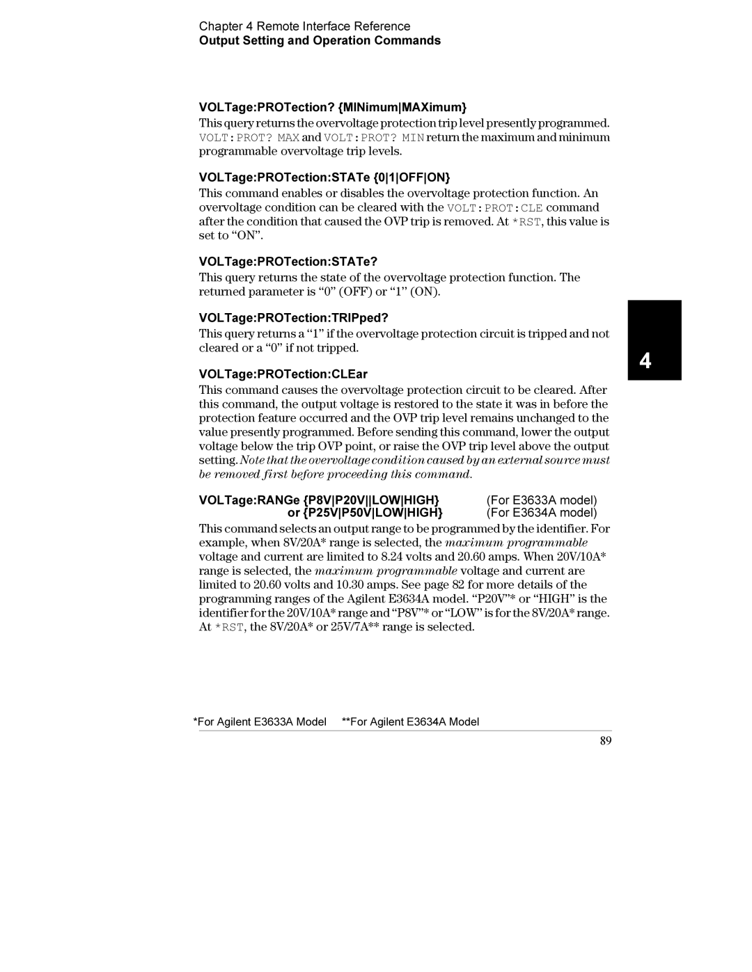 Agilent Technologies E3633A, E3634A VOLTagePROTectionSTATe 01OFFON, VOLTagePROTectionSTATe?, VOLTagePROTectionTRIPped? 