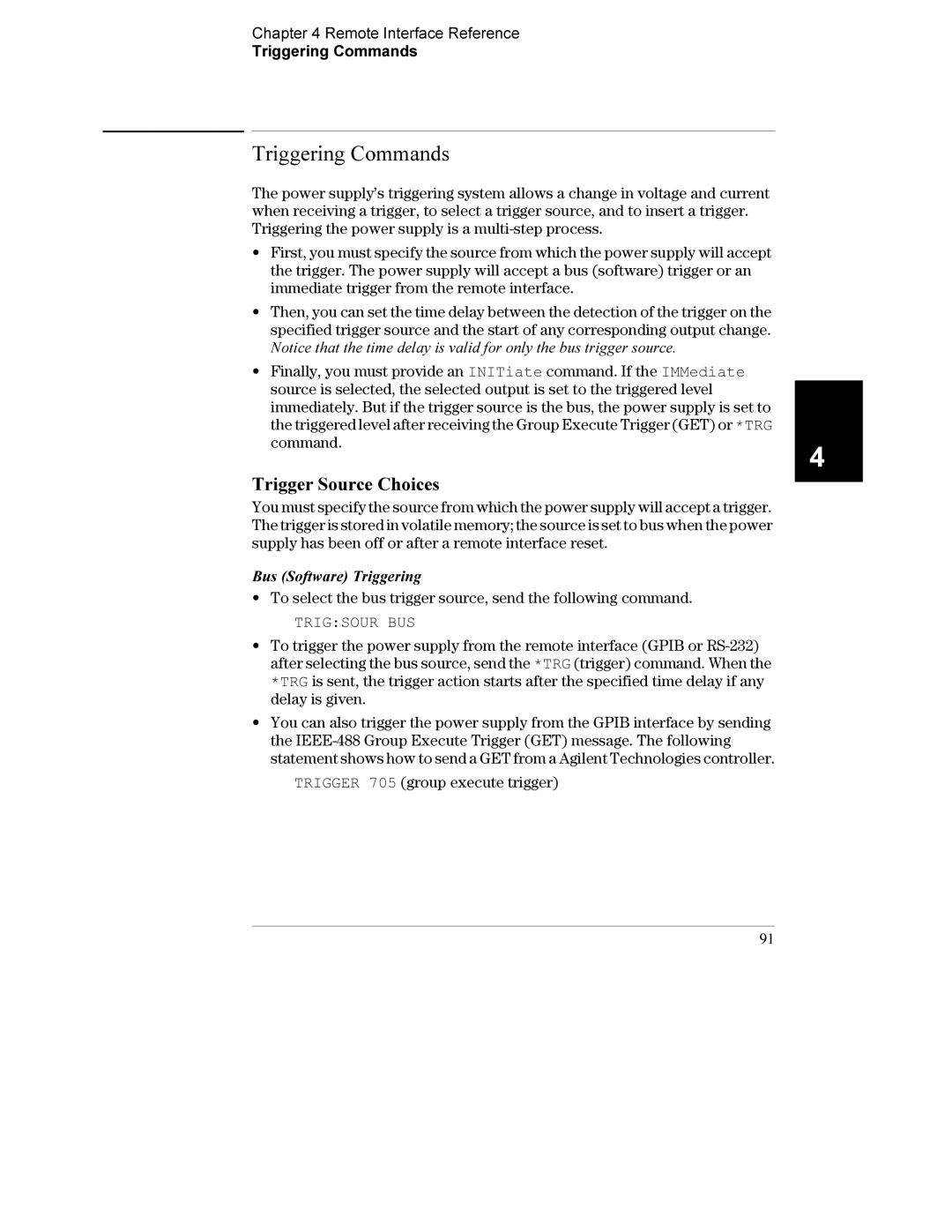 Agilent Technologies E3633A manual Trigger Source Choices, Remote Interface Reference Triggering Commands, Trigsour BUS 