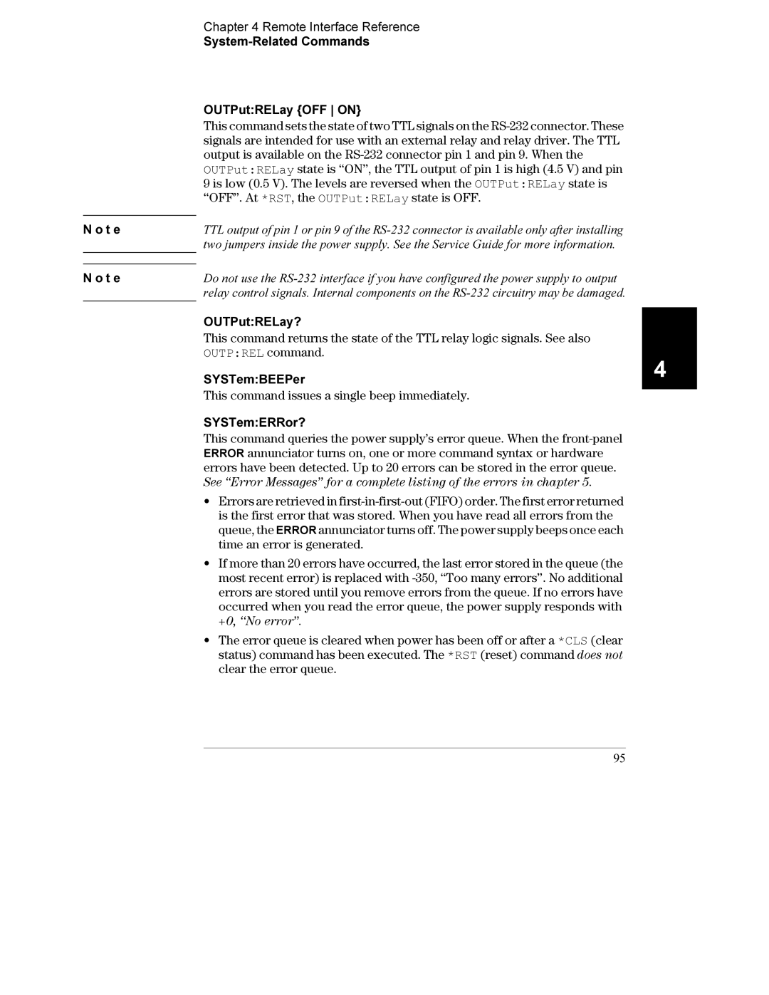 Agilent Technologies E3633A, E3634A manual OUTPutRELay?, Outprel command SYSTemBEEPer, SYSTemERRor?, +0, ‘‘No error’’ 