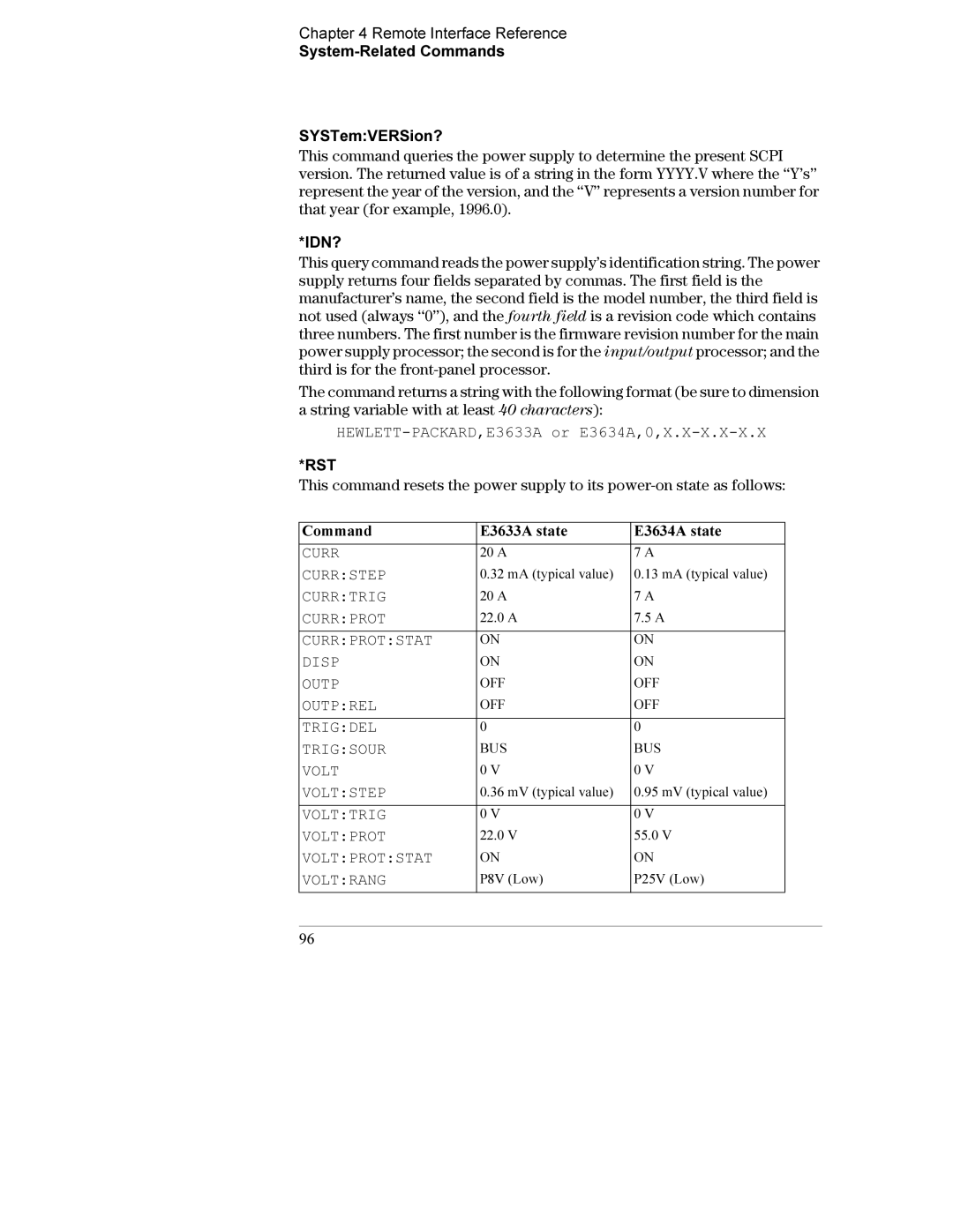 Agilent Technologies E3634A manual Idn?, Rst, Currstep, Currtrig, Currprotstat Disp Outp, Outprel, Trigdel Trigsour 