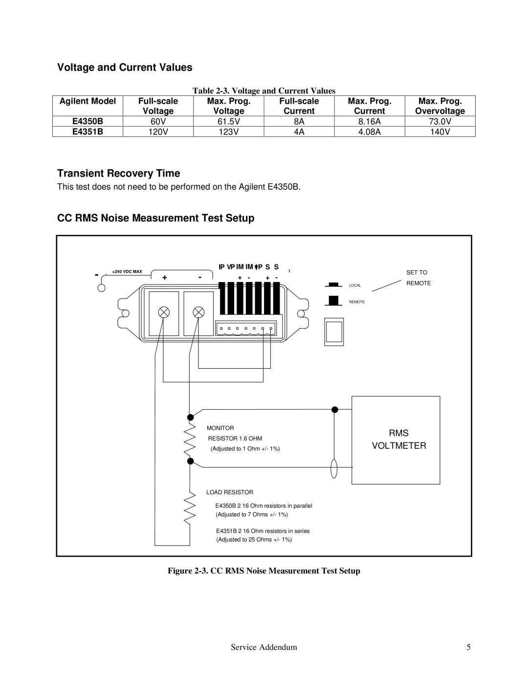 Agilent Technologies E4350B Voltage and Current Values, Transient Recovery Time, CC RMS Noise Measurement Test Setup 