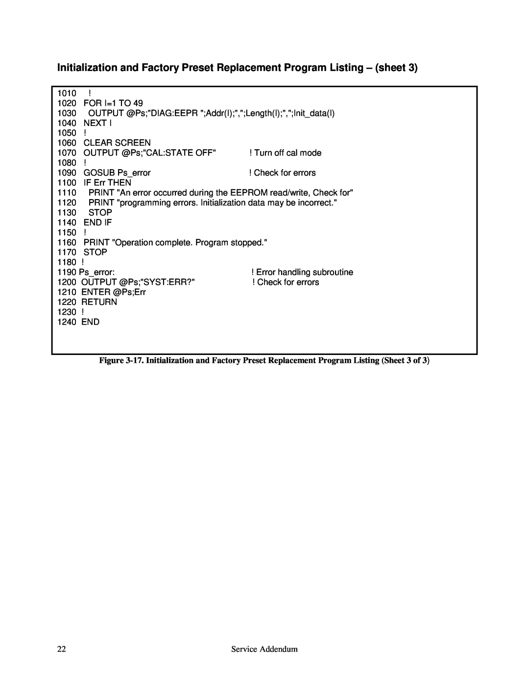 Agilent Technologies E4351B, E4350B service manual Initialization and Factory Preset Replacement Program Listing - sheet 
