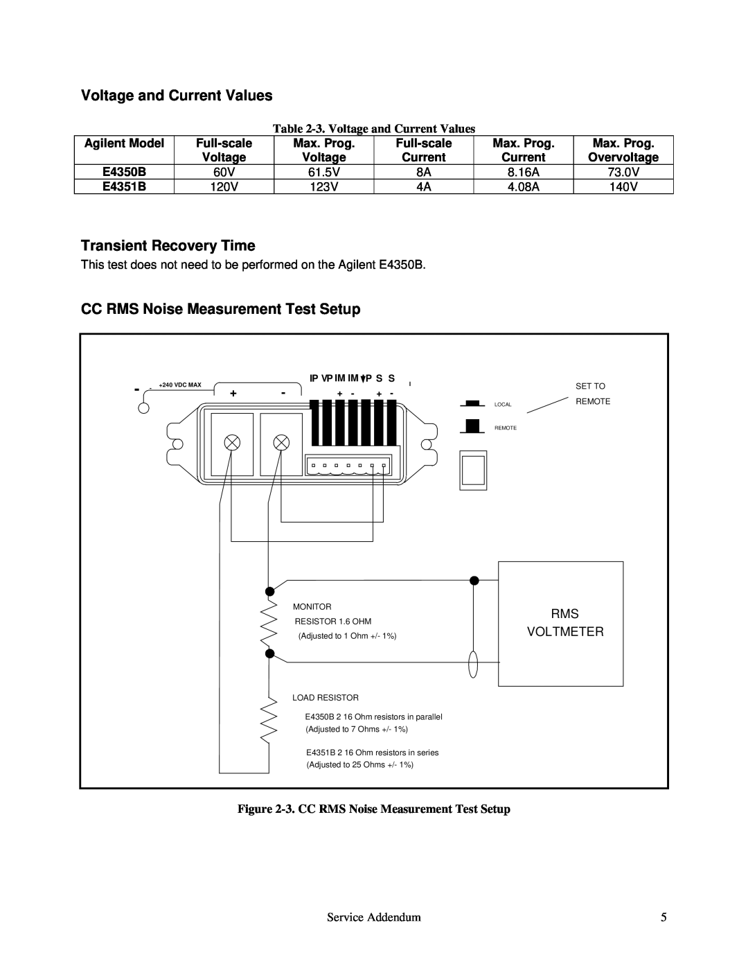 Agilent Technologies E4350B Voltage and Current Values, Transient Recovery Time, CC RMS Noise Measurement Test Setup 