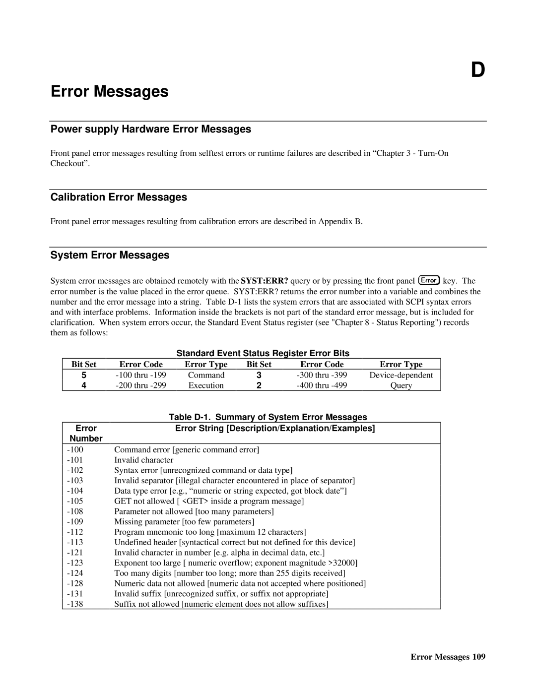 Agilent Technologies E4356A Power supply Hardware Error Messages, Calibration Error Messages, System Error Messages 