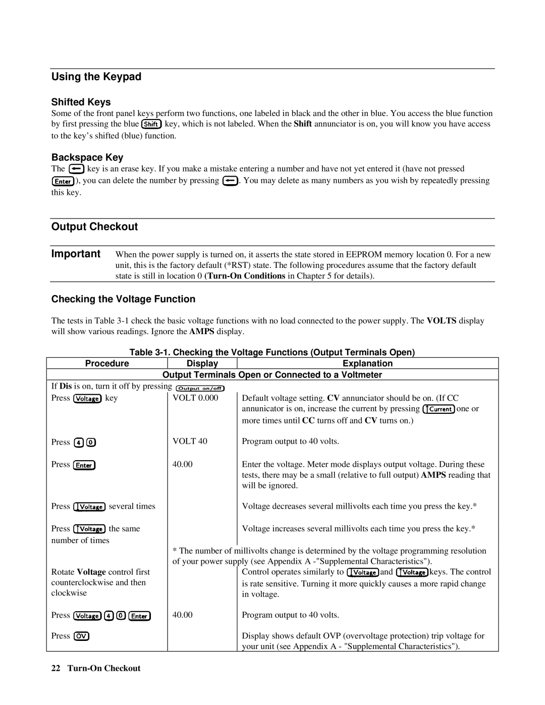 Agilent Technologies E4356A Using the Keypad, Output Checkout, Shifted Keys, Backspace Key, Checking the Voltage Function 