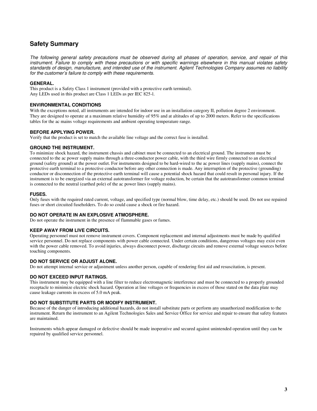 Agilent Technologies E4356A manual Safety Summary, General 