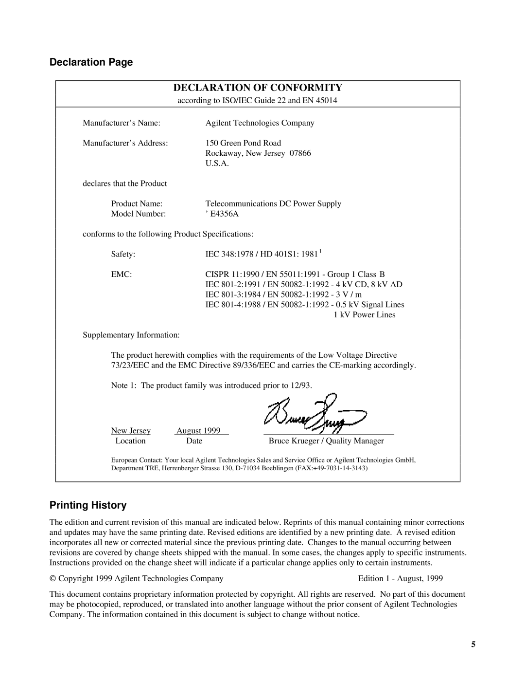 Agilent Technologies E4356A manual Declaration, Printing History 