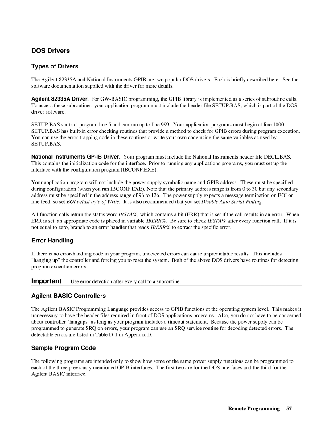 Agilent Technologies E4356A DOS Drivers, Types of Drivers, Error Handling, Agilent Basic Controllers, Sample Program Code 