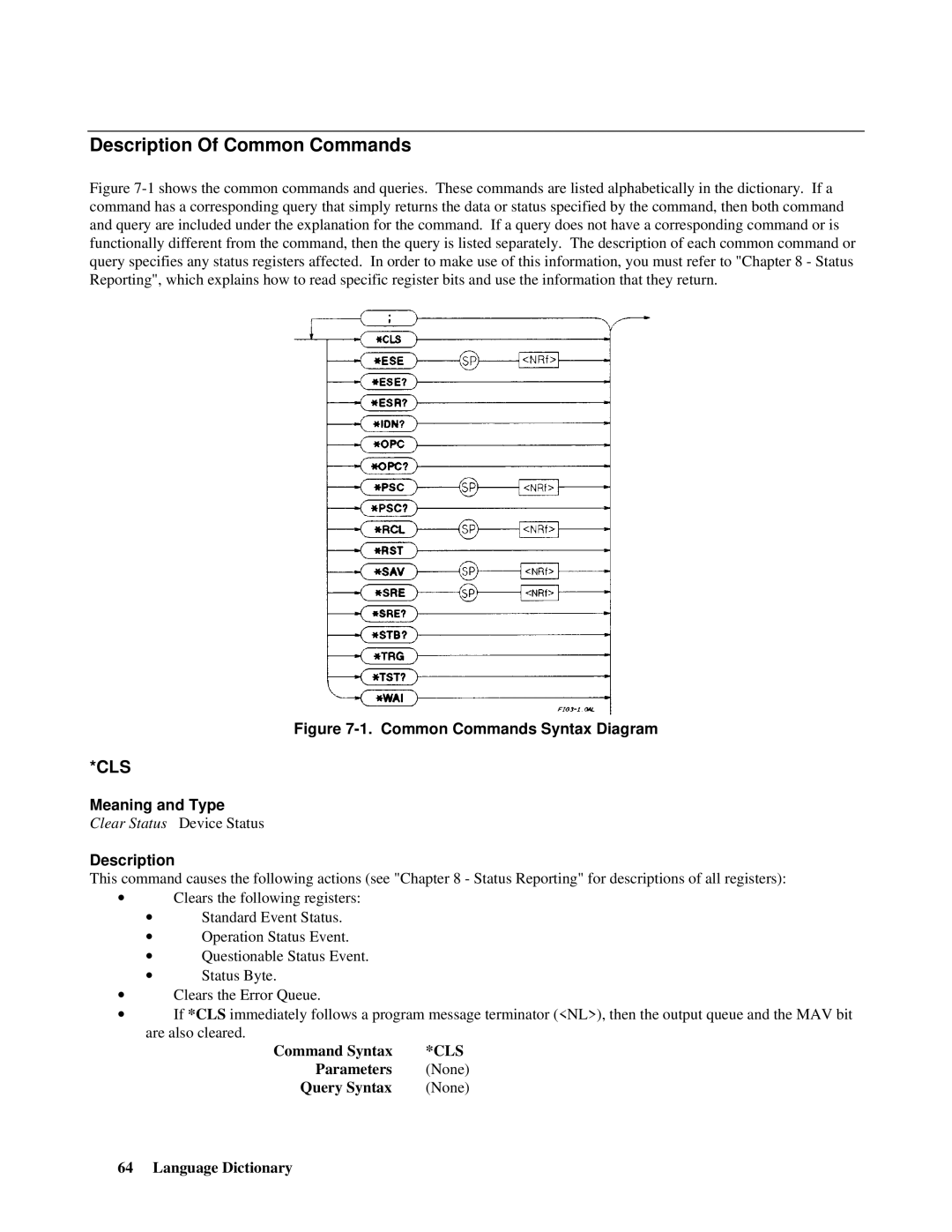 Agilent Technologies E4356A manual Description Of Common Commands, Cls, Meaning and Type, Command Syntax 