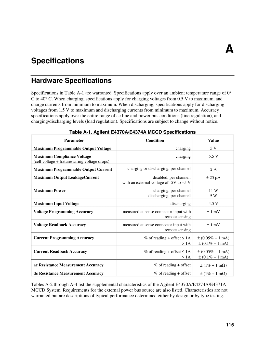 Agilent Technologies E4371A manual Hardware Specifications, Table A-1. Agilent E4370A/E4374A Mccd Specifications, 115 