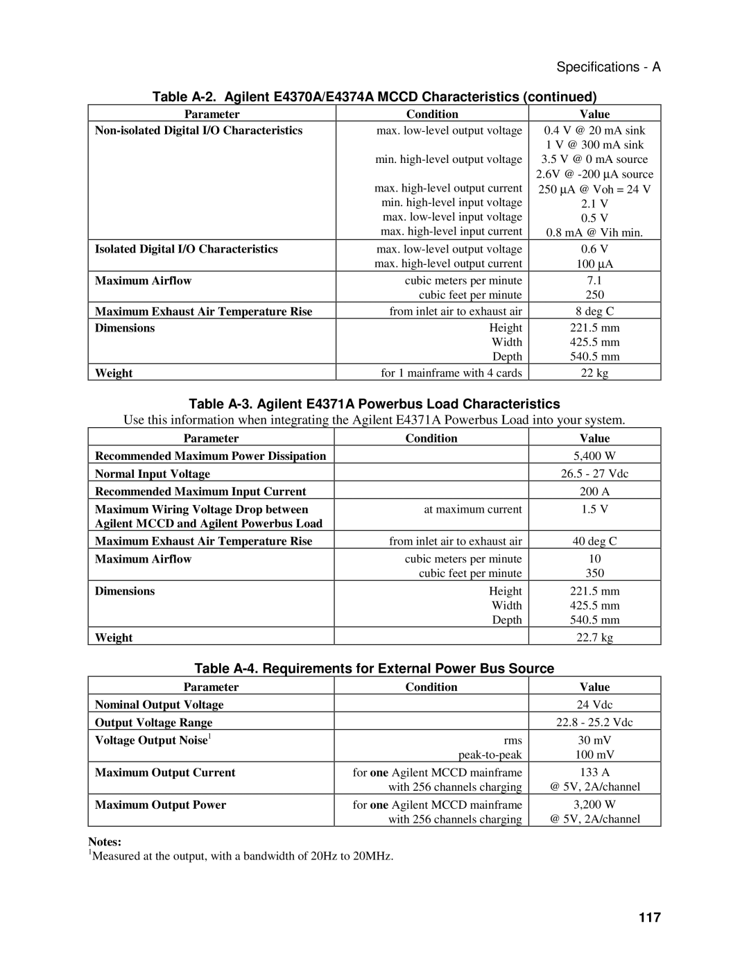 Agilent Technologies E4370A, E4374A manual Table A-3. Agilent E4371A Powerbus Load Characteristics, 117 