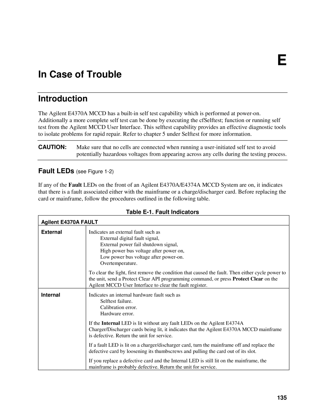 Agilent Technologies E4370A, E4371A, E4374A manual Case of Trouble, Introduction, Table E-1. Fault Indicators, 135 