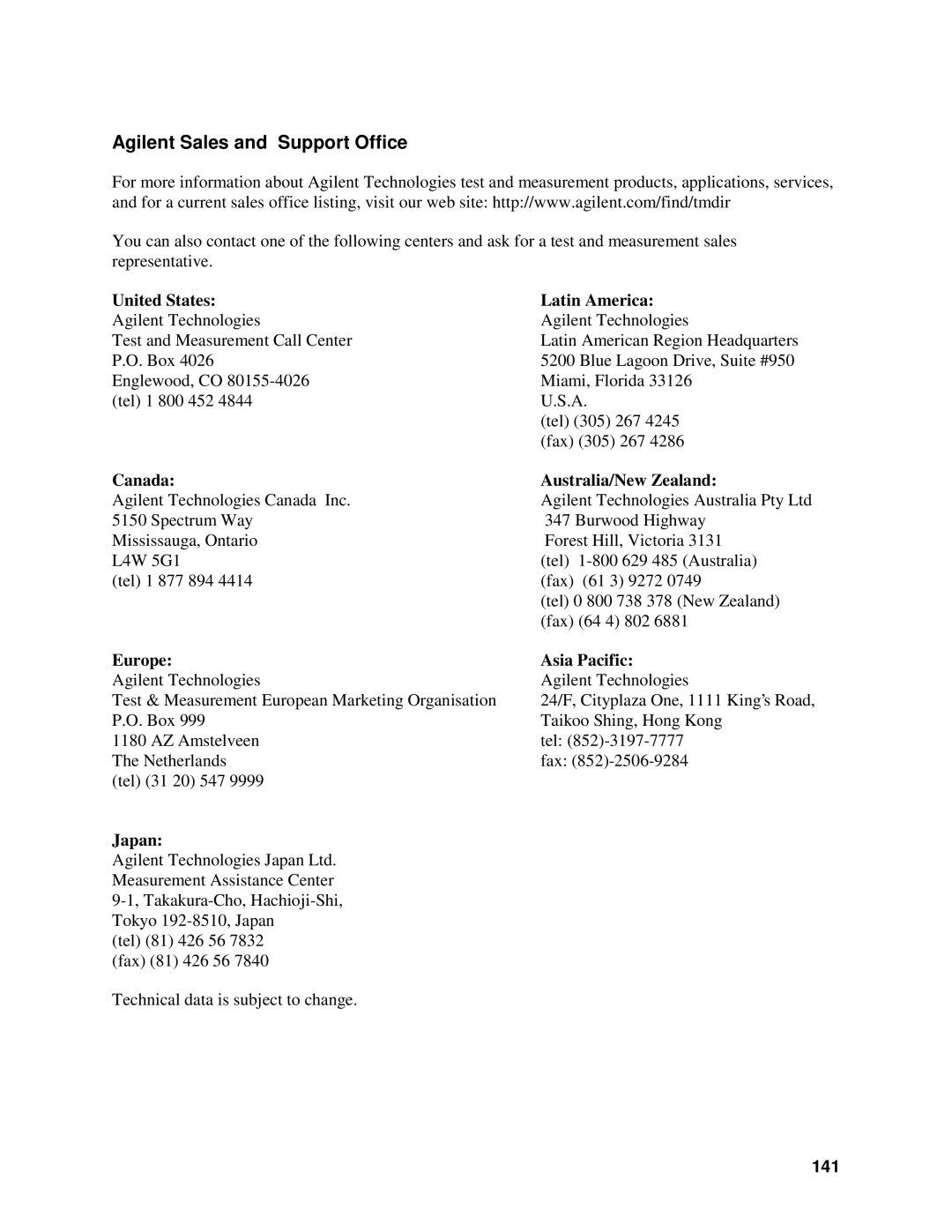 Agilent Technologies E4370A, E4371A, E4374A manual Agilent Sales and Support Office, 141 