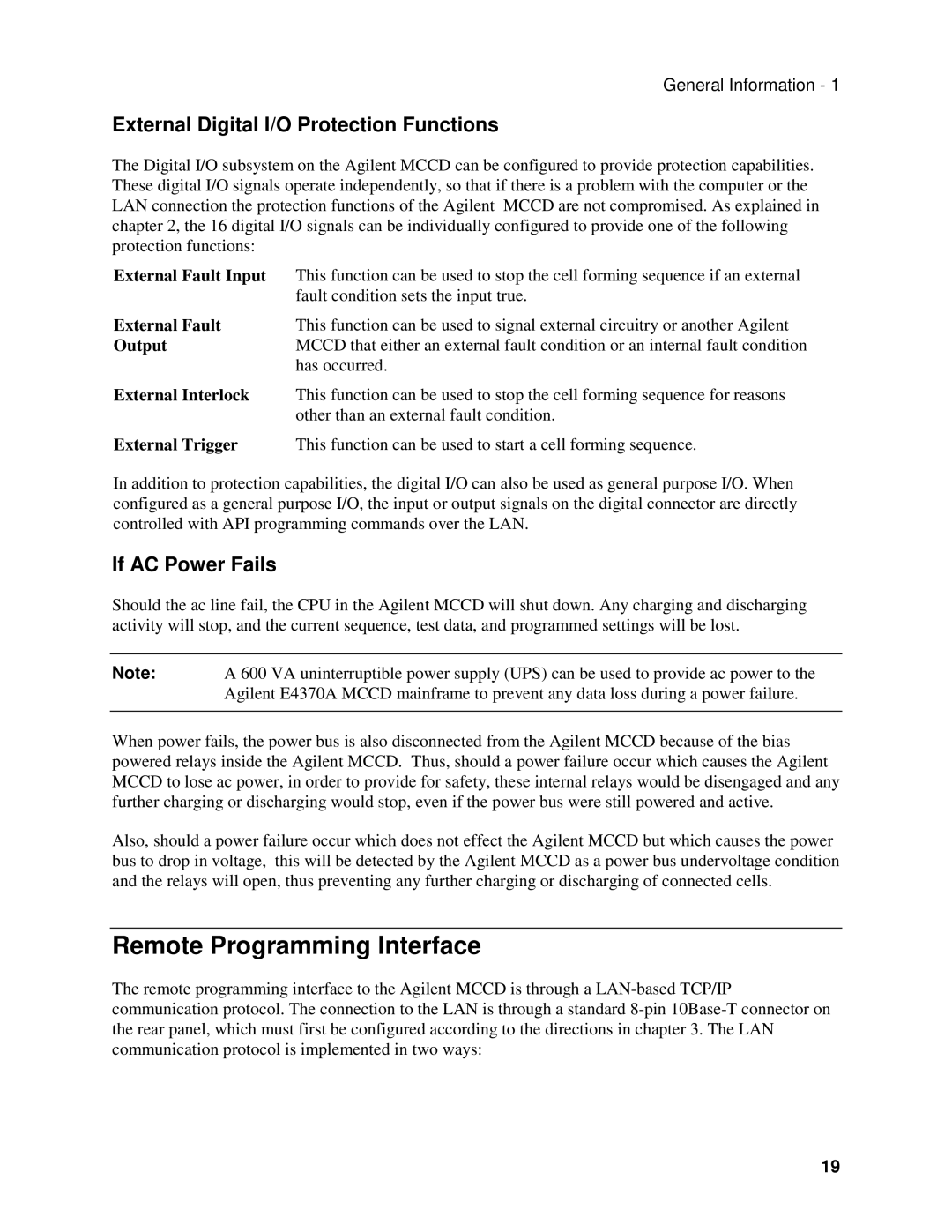 Agilent Technologies E4371A Remote Programming Interface, External Digital I/O Protection Functions, If AC Power Fails 