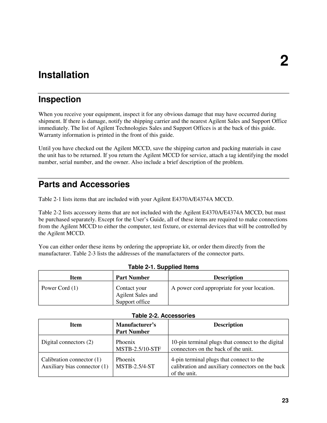 Agilent Technologies E4374A, E4370A, E4371A manual Installation, Inspection, Parts and Accessories, Supplied Items 