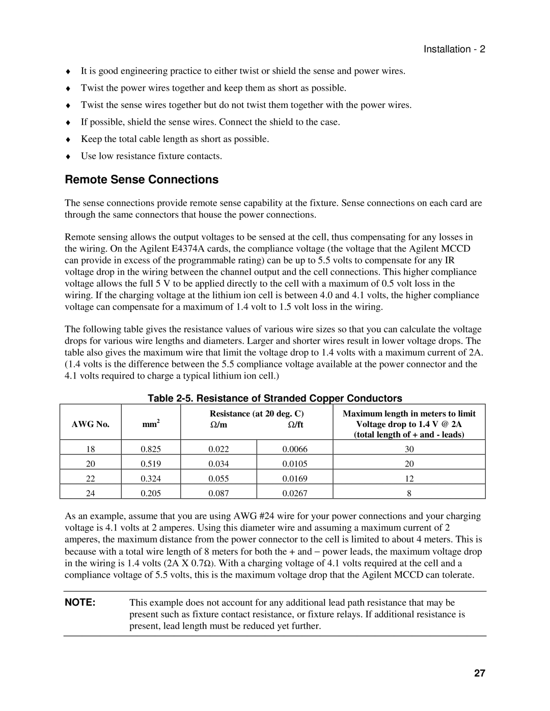 Agilent Technologies E4370A, E4371A, E4374A manual Remote Sense Connections, Resistance of Stranded Copper Conductors 