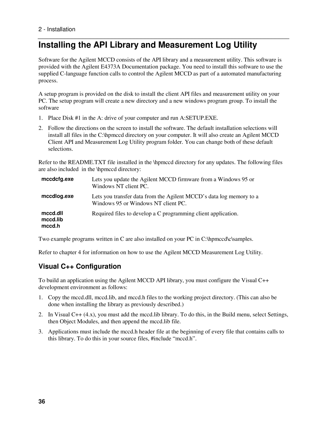 Agilent Technologies E4370A, E4371A manual Installing the API Library and Measurement Log Utility, Visual C++ Configuration 