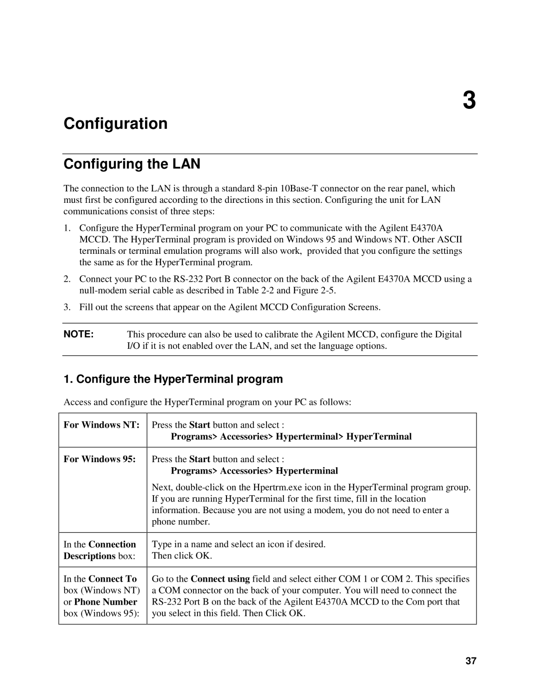 Agilent Technologies E4371A, E4370A, E4374A manual Configuration, Configuring the LAN, Configure the HyperTerminal program 