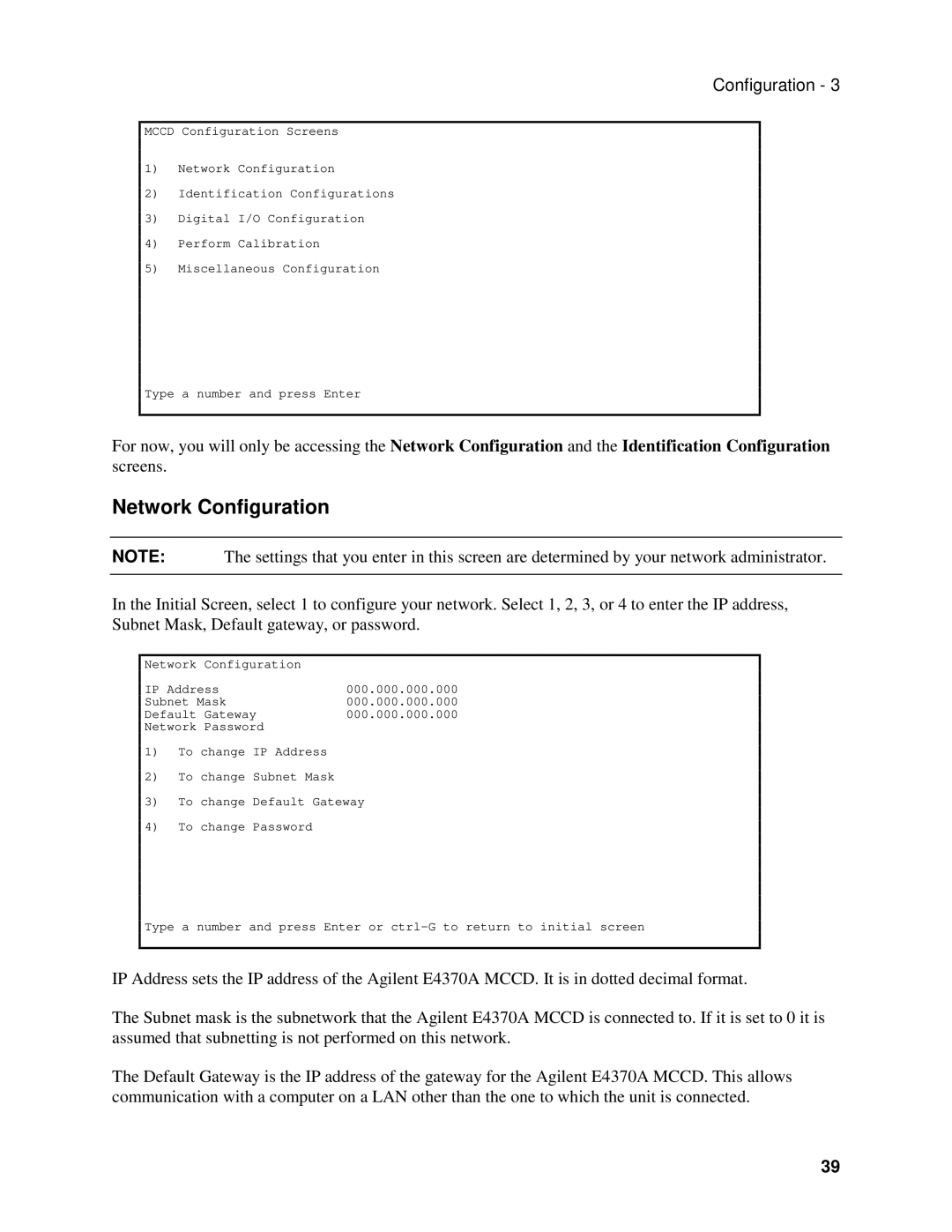 Agilent Technologies E4370A, E4371A, E4374A manual Network Configuration 