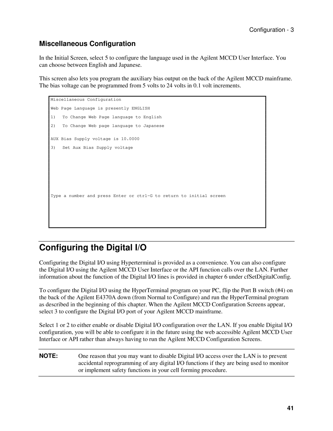 Agilent Technologies E4374A, E4370A, E4371A manual Configuring the Digital I/O, Miscellaneous Configuration 