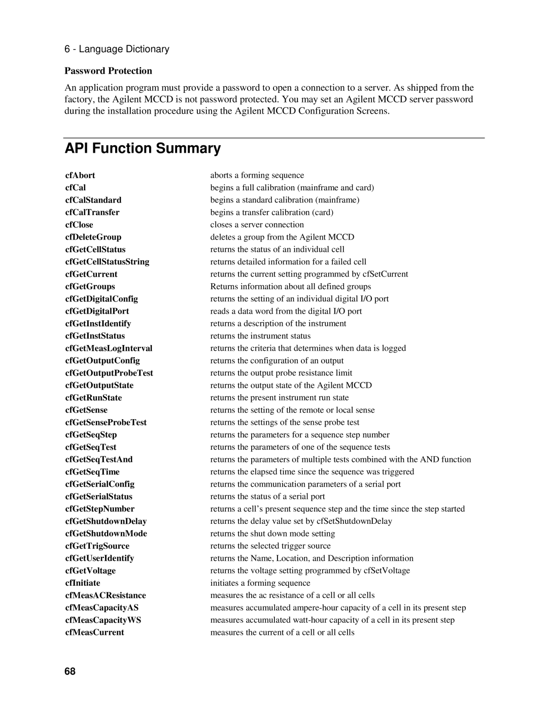 Agilent Technologies E4374A, E4370A, E4371A manual API Function Summary, Password Protection 