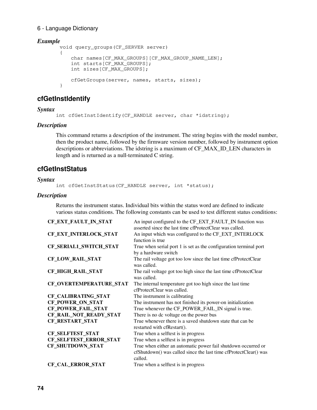 Agilent Technologies E4374A, E4370A, E4371A manual CfGetInstIdentify, CfGetInstStatus 