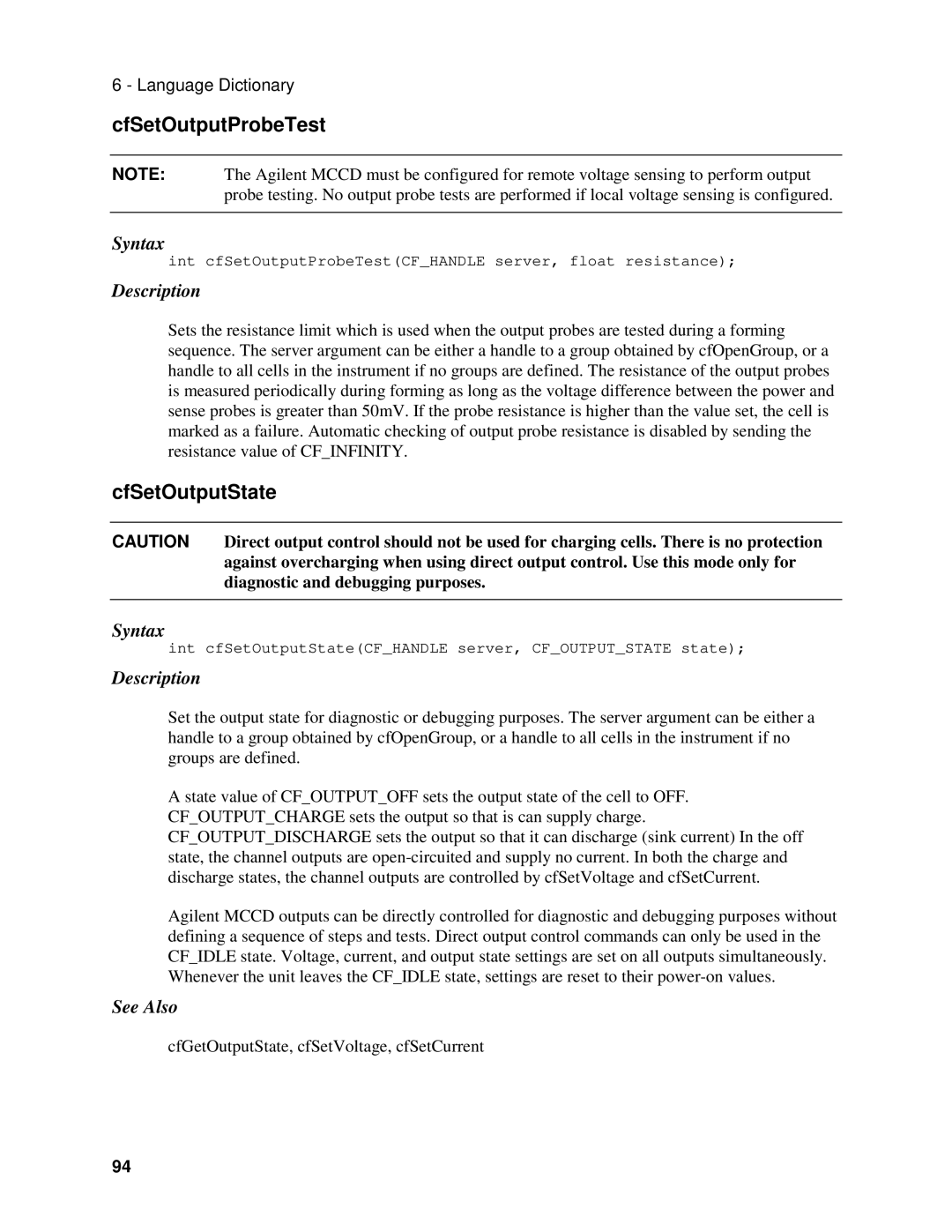 Agilent Technologies E4371A, E4370A, E4374A manual CfSetOutputProbeTest, CfSetOutputState 