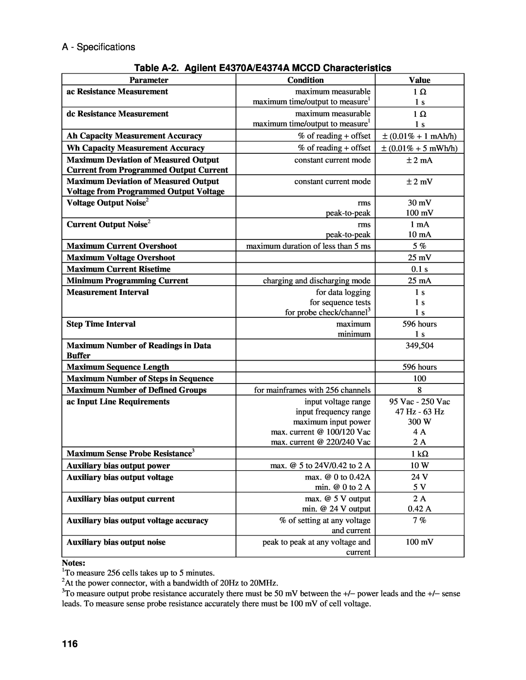 Agilent Technologies E4371A manual A - Specifications, Table A-2. Agilent E4370A/E4374A MCCD Characteristics 