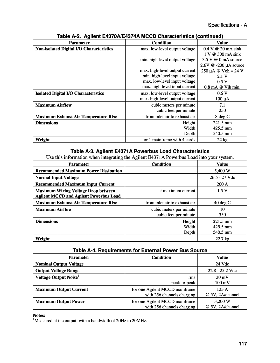 Agilent Technologies E4371A manual Specifications - A, Table A-2. Agilent E4370A/E4374A MCCD Characteristics continued 