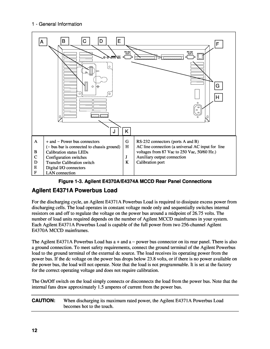 Agilent Technologies manual Agilent E4371A Powerbus Load, 3. Agilent E4370A/E4374A MCCD Rear Panel Connections 