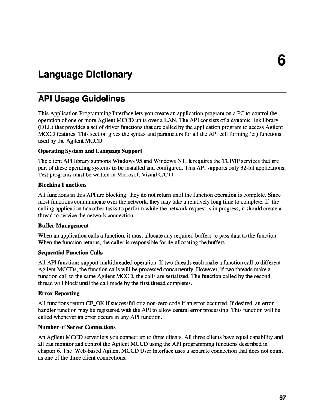 Agilent Technologies E4371A, E4370A manual Language Dictionary, API Usage Guidelines, Operating System and Language Support 
